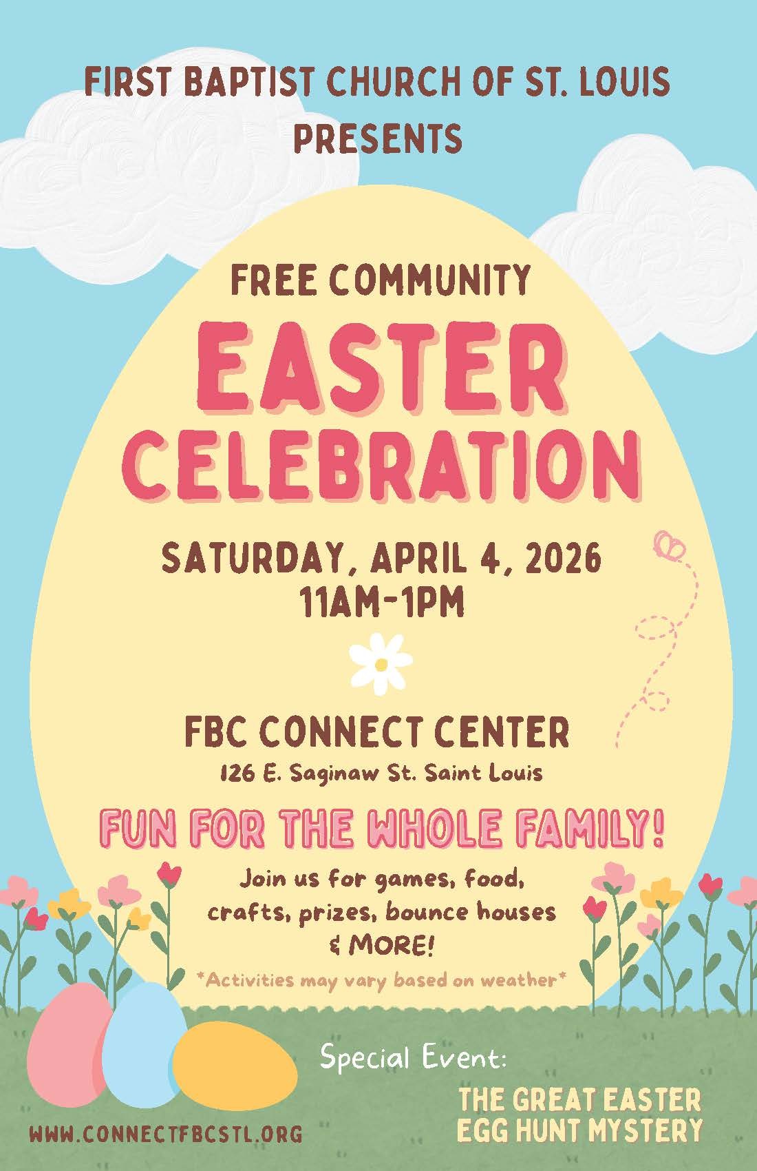 Easter celebration flyer with event details.
