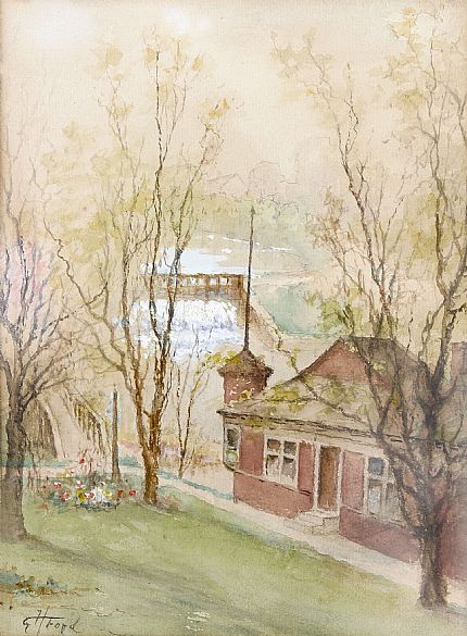 Water Color Painting of Tress and House in Library