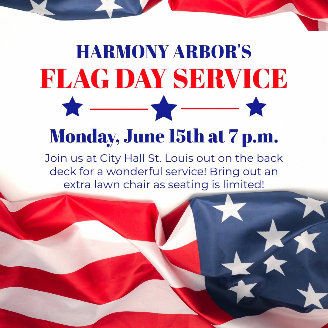 Harmony Arbor Flag Day Service announcement with American flag
