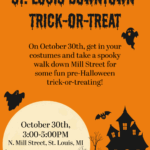 St. Louis Halloween event flyer with trick-or-treat details.