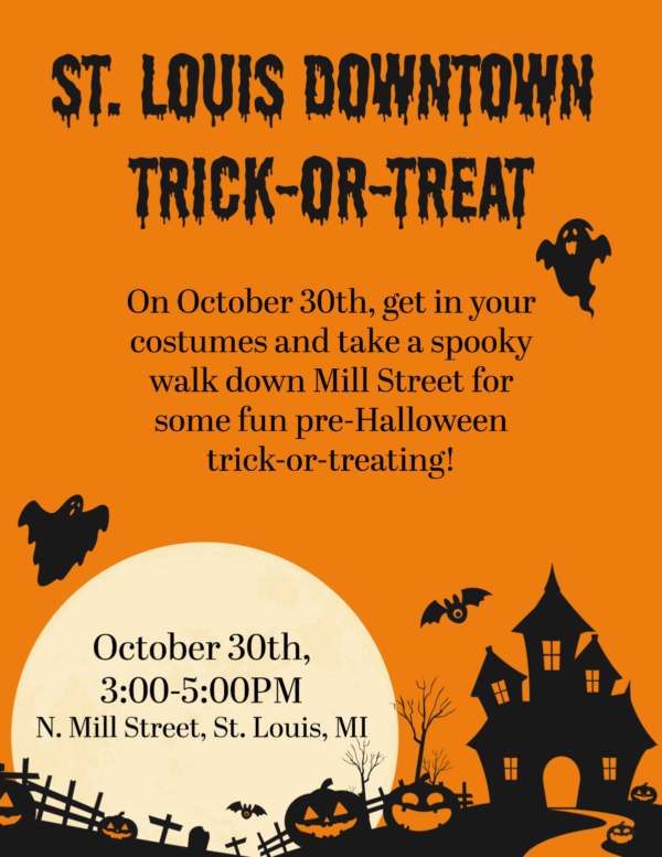 St. Louis Halloween event flyer with trick-or-treat details.