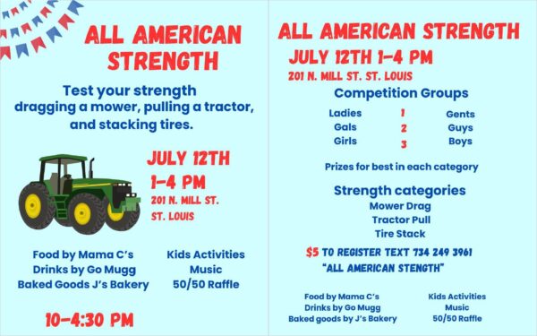 American strength event with competitions and activities, July 12th.