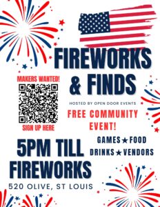 Fireworks event, games, food, St. Louis, community gathering.
