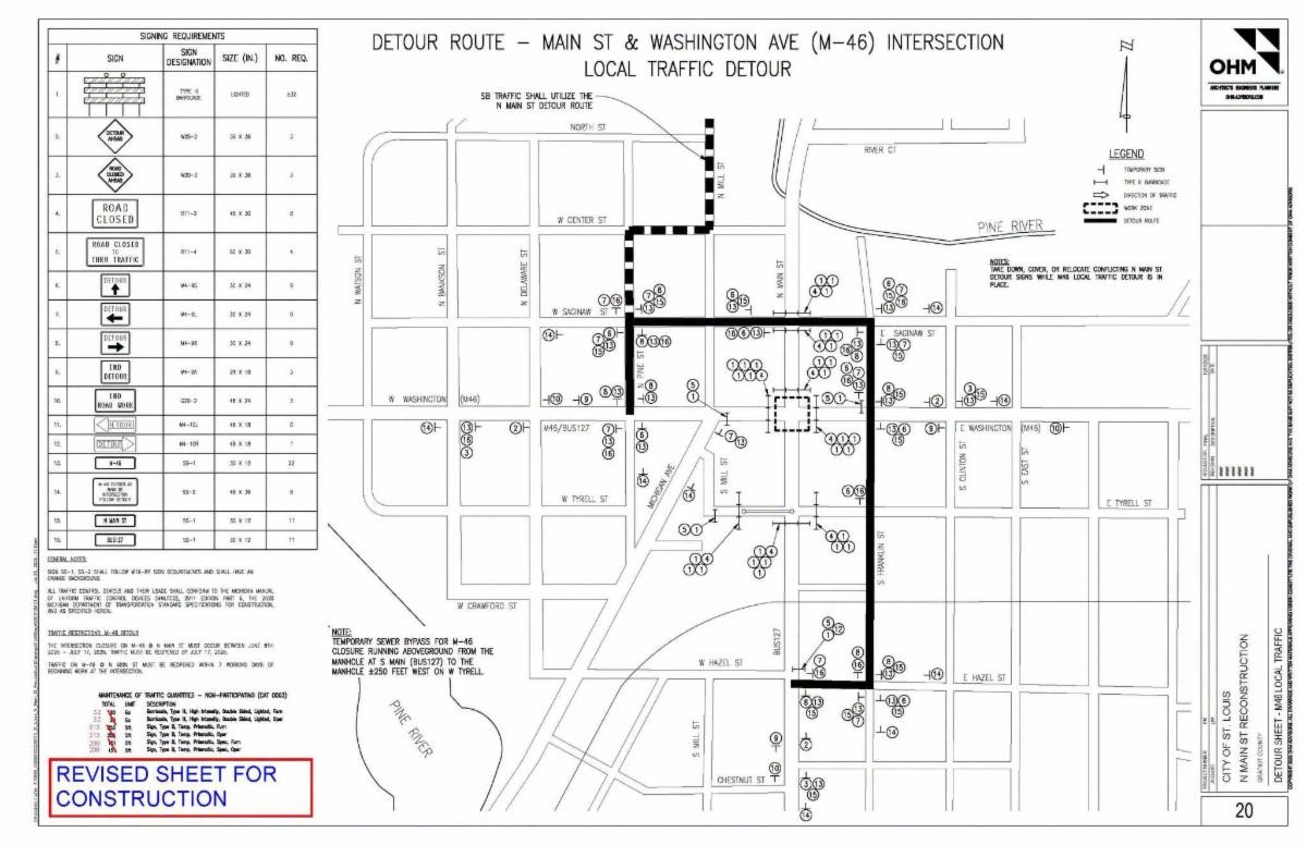 Main Street and Washington Avenue detour route map