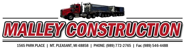 Malley Construction logo with contact information.