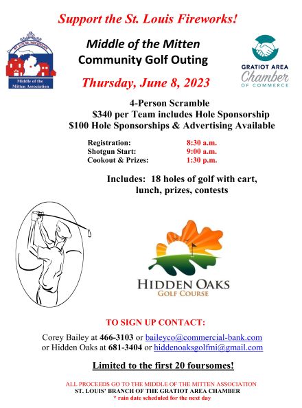 2023 Mitten Golf Outing, Thursday June 8, 2023. 4-person scramble. $340 per team includes hole sponsorship. $100 hole sponsorships & advertising available. Registration 8:30 a.m. Shotgun start 9:00 a.m. Cookout & prizes 1:30 p.m. Includes 18 holes of golf with cart, lunch, prizes, contests. Hidden Oaks Golf Course. Support the St. Louis Fireworks. Limited to the first 20 foursomes.