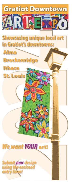 Image of the cover of the Gratiot Downtown Art Expo brochure for 2024. States "Showcasing unique local art in Gratiot's downtowns: Alma, Breckenridge, Ithaca, St. Louis. We want your art! Submit your design using the enclosed entry form."