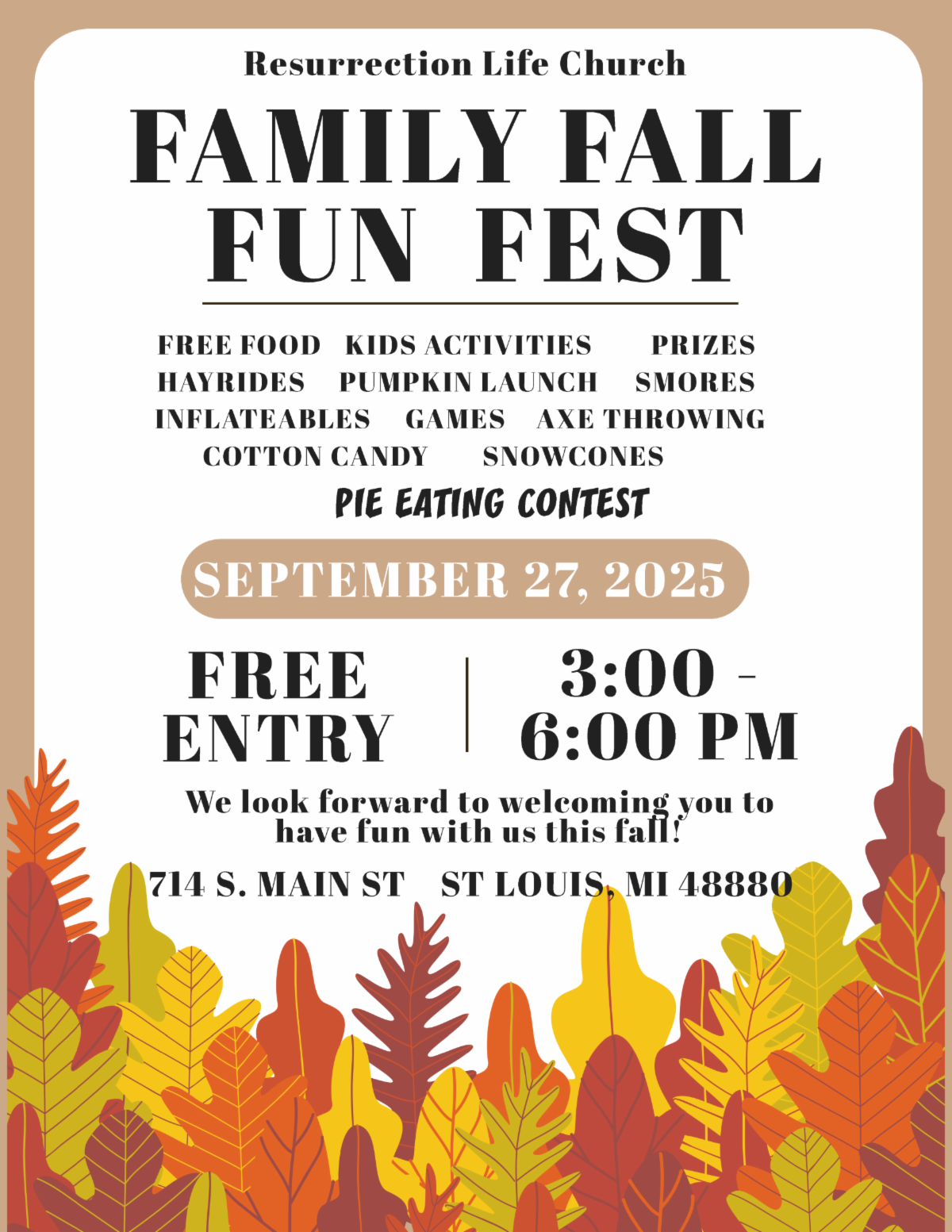 Family Fall Fun Fest at Resurrection Life Church flyer.