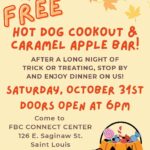 Halloween hot dog cookout and caramel apple bar flyer