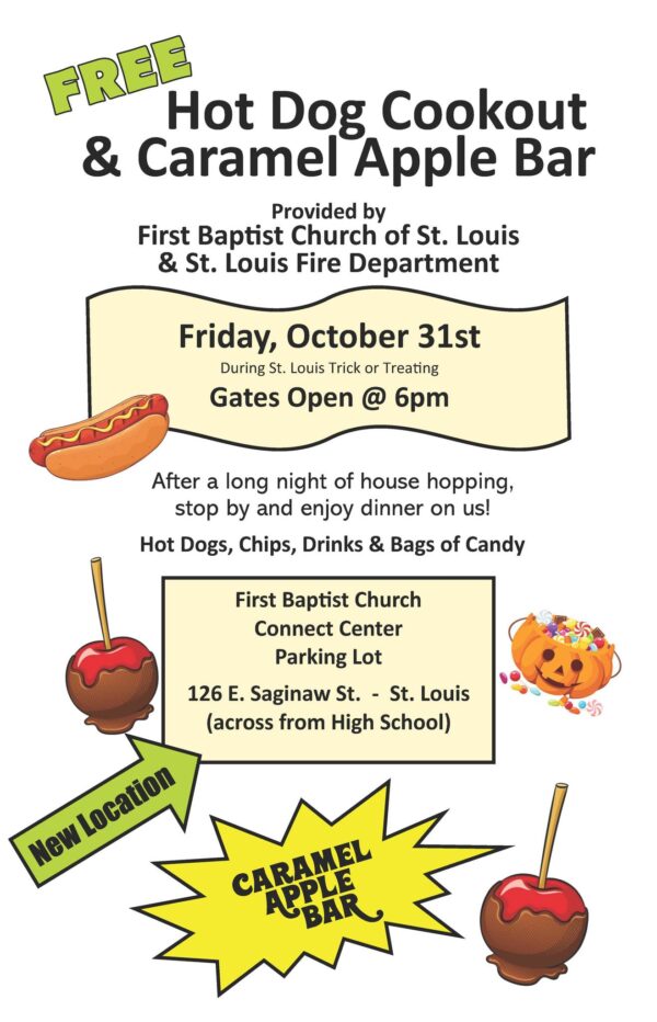 Free hot dog cookout and caramel apple bar event.
