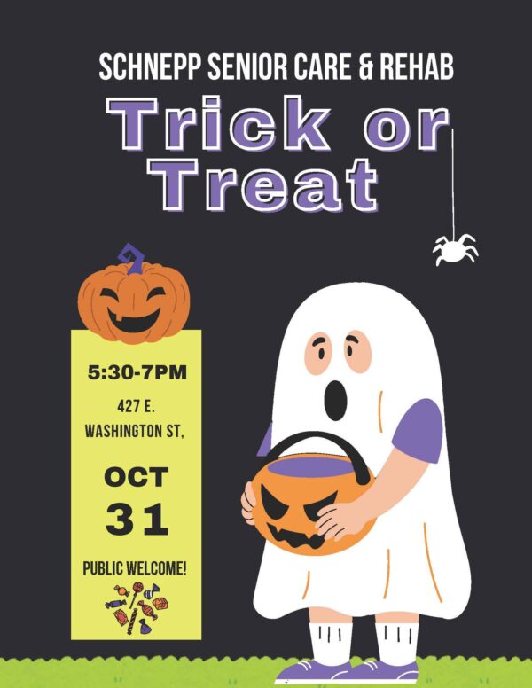 Halloween event poster with trick-or-treat details.