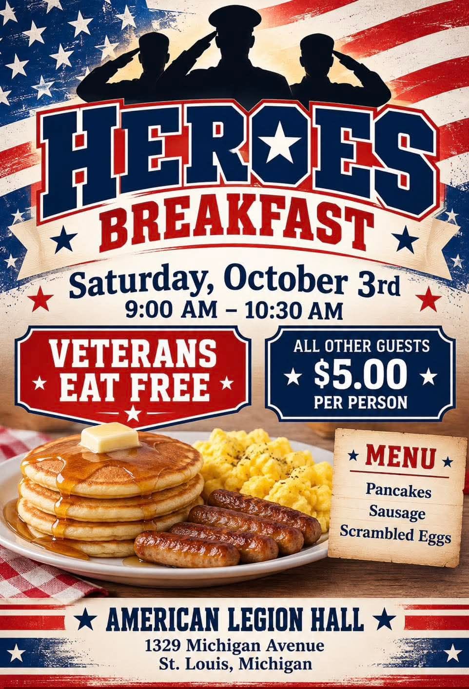 Patriotic Heroes Breakfast flyer honoring veterans with breakfast details