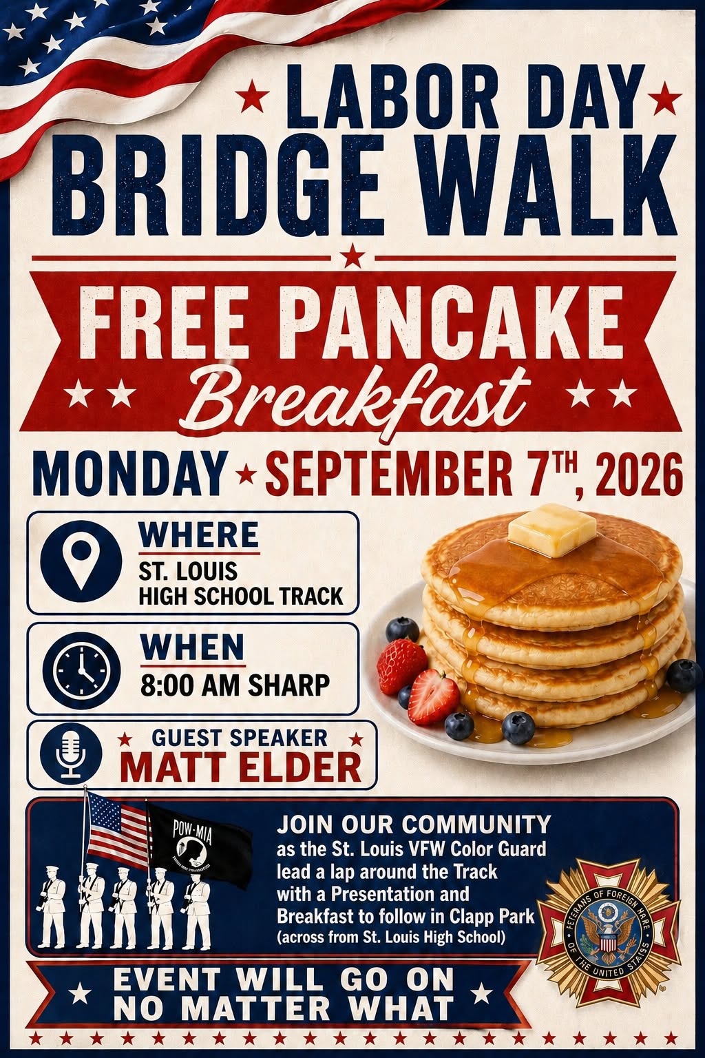 Labor Day pancake breakfast and bridge walk event.