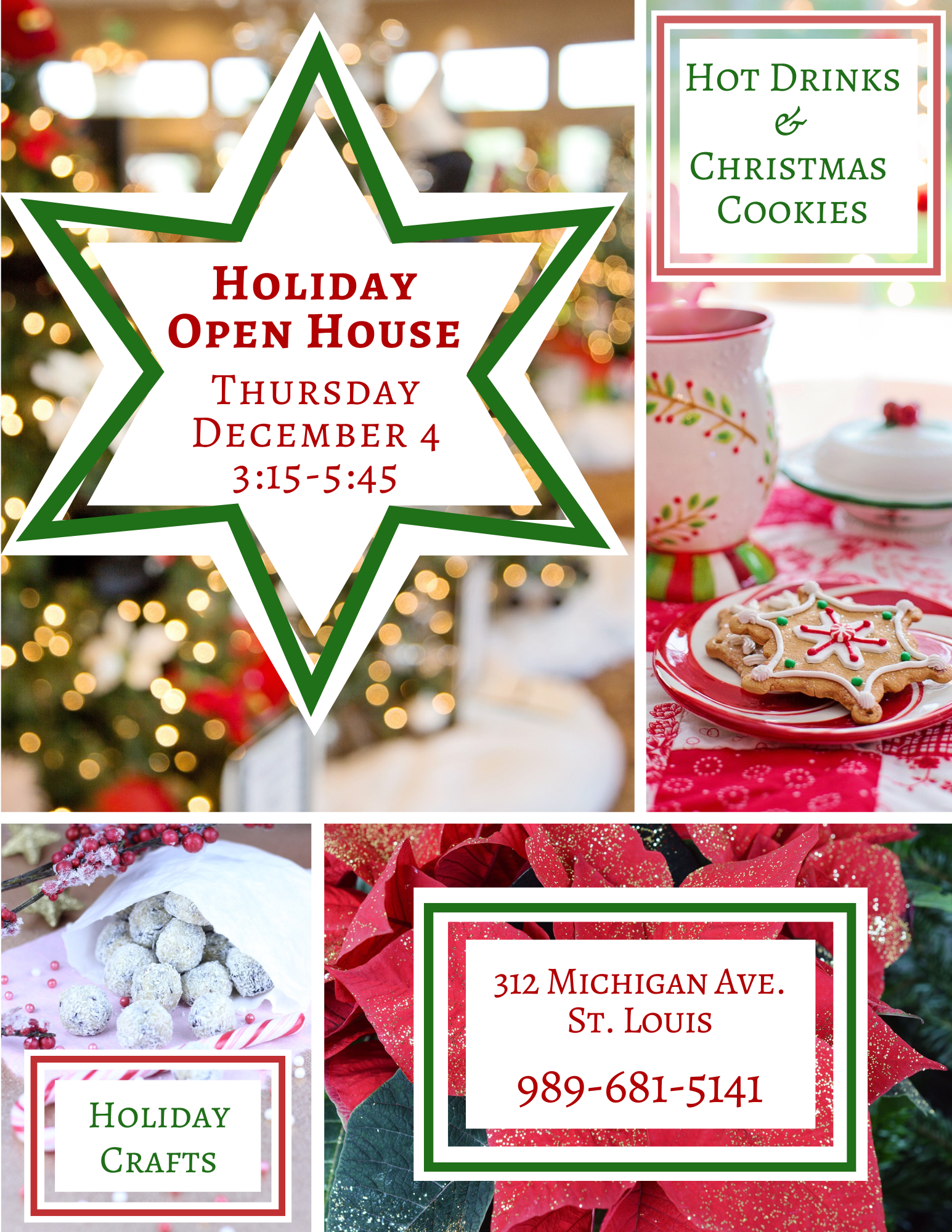 Holiday Open House invitation with crafts and cookies.