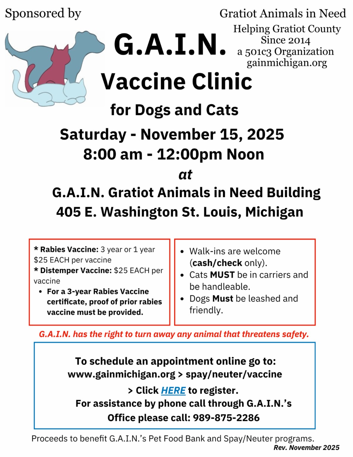 GAIN vaccine clinic for dogs and cats, November 2025.