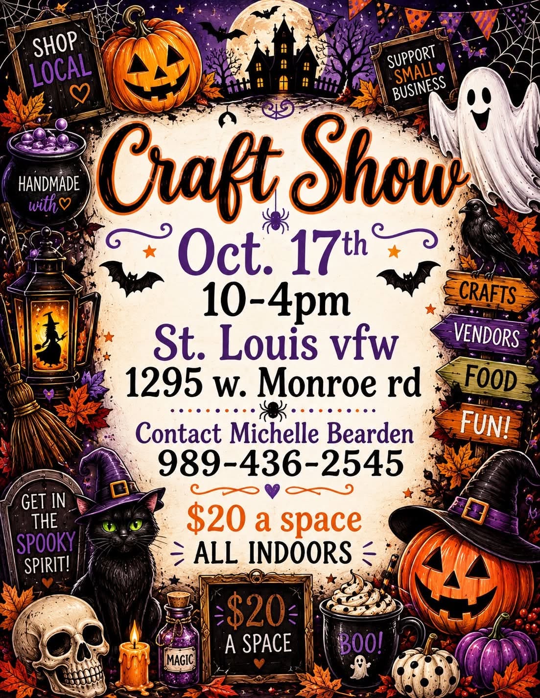 Halloween craft show flyer with event details and spooky illustrations