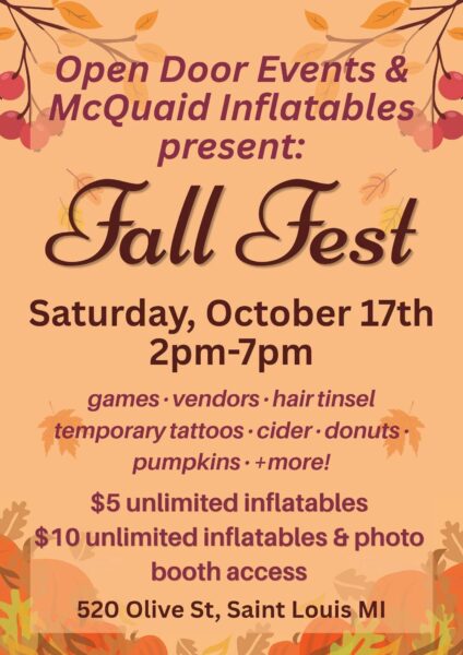 Fall Fest flyer for Open Door Events and McQuaid Inflatables