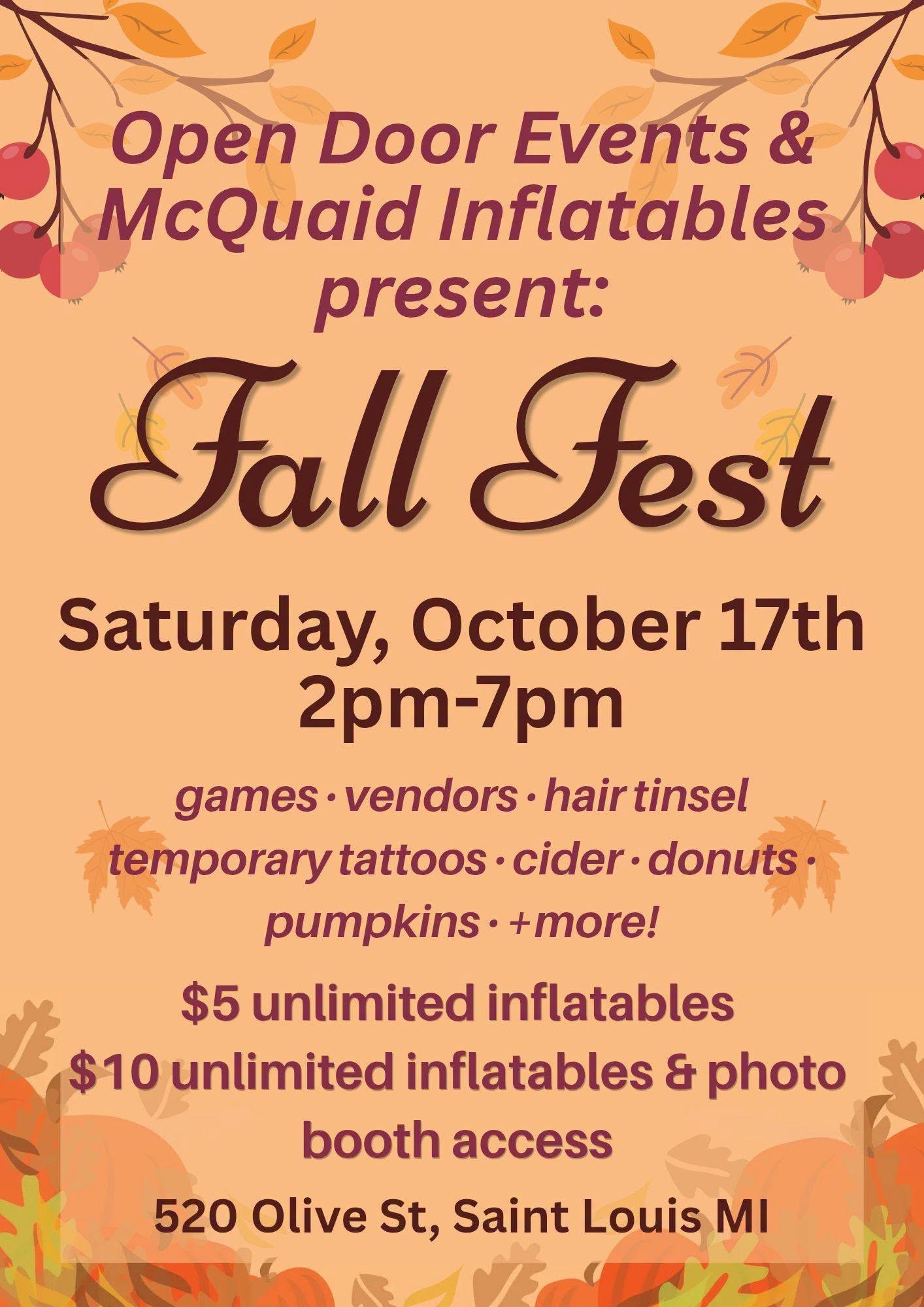Fall Fest flyer for Open Door Events and McQuaid Inflatables