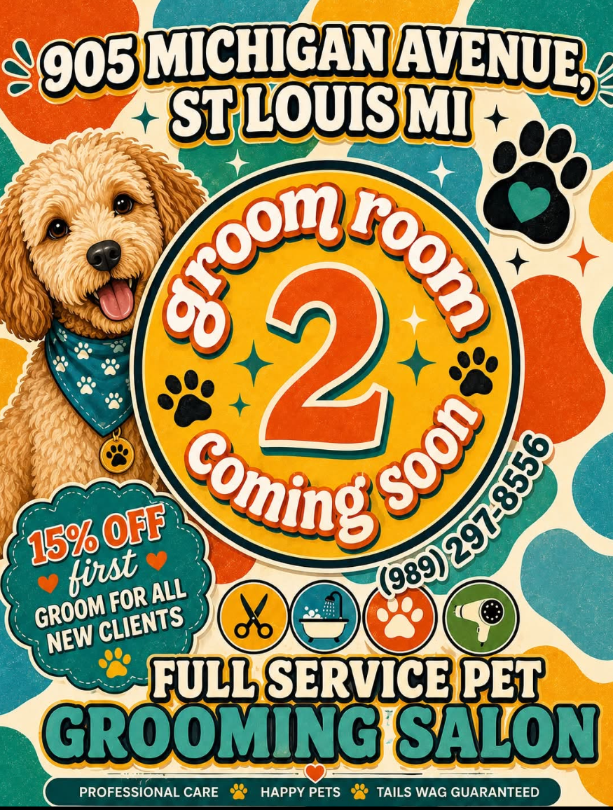 Retro pet grooming salon advertisement featuring a curly-haired dog