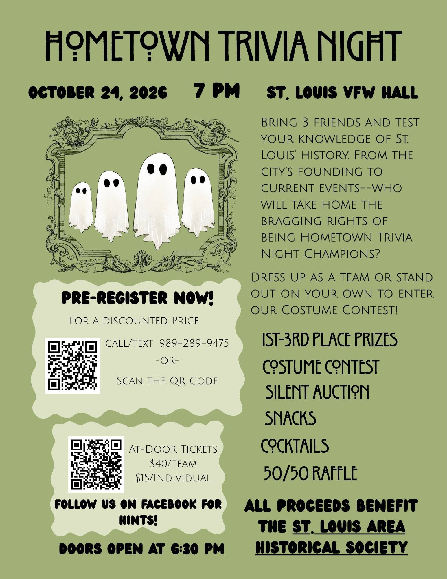Hometown Trivia Night flyer with ghosts and event details