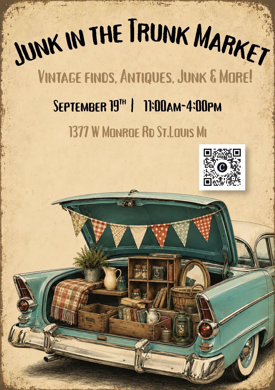 Vintage market poster featuring a turquoise car trunk