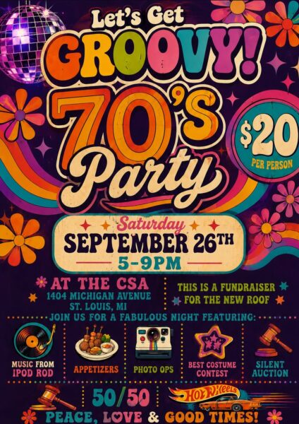 Colorful 1970s-themed fundraiser party poster with event details