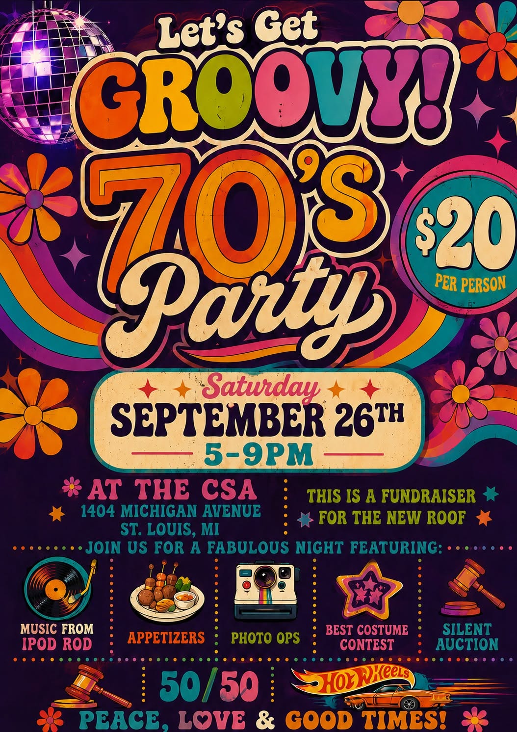 Colorful 1970s-themed fundraiser party poster with event details