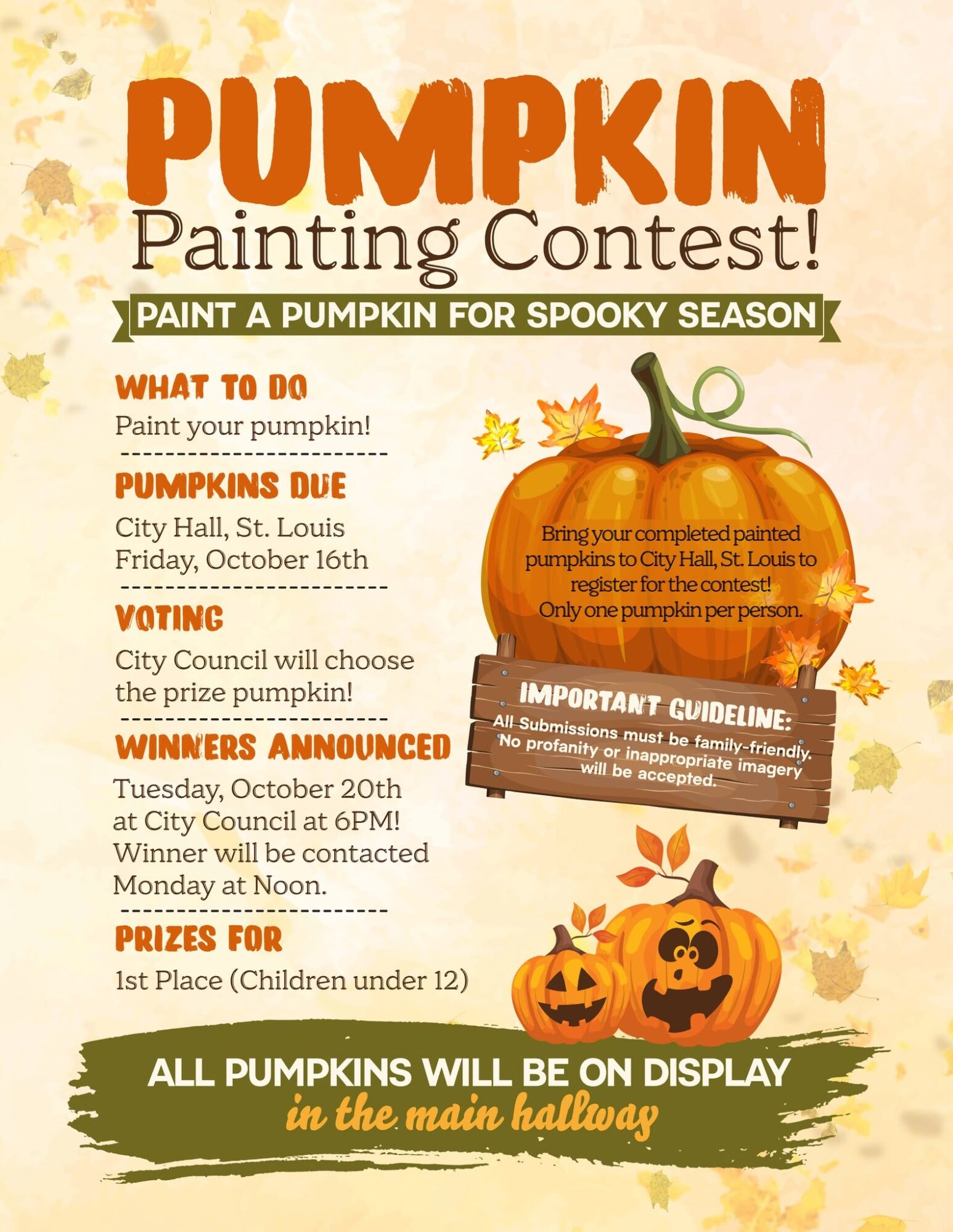 Pumpkin painting contest flyer with dates and guidelines