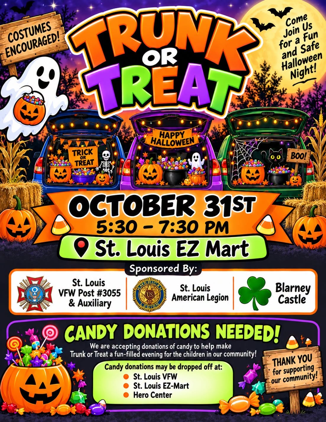 Colorful Trunk or Treat Halloween event flyer for St. Louis