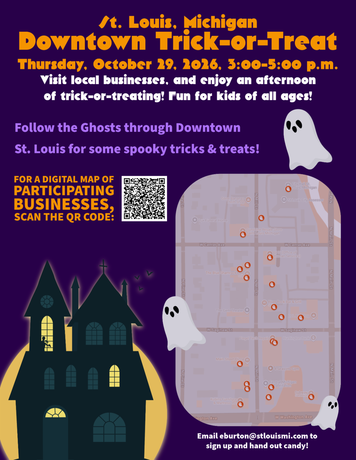 St. Louis downtown trick-or-treat event poster with map