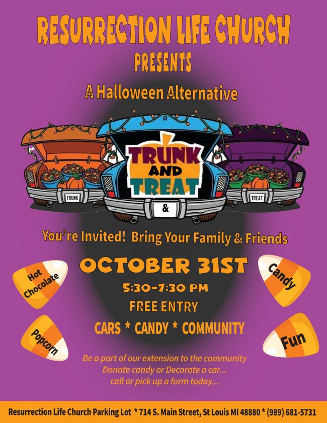 Resurrection Life Church Trunk and Treat Halloween event flyer