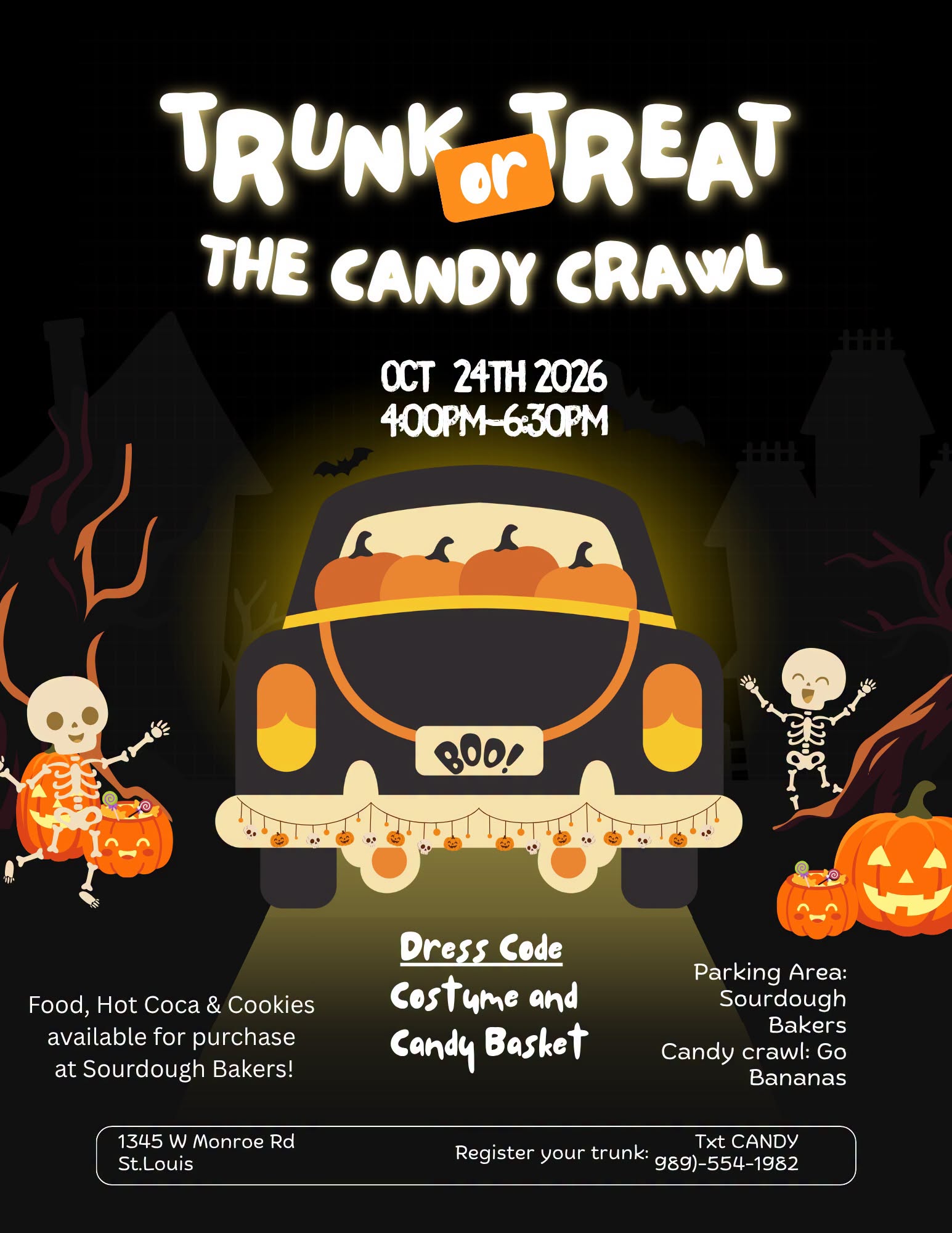 Halloween trunk-or-treat candy crawl event flyer